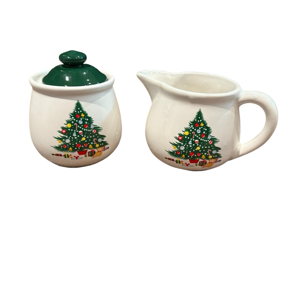Vintage Christmas Tree Ceramic Sugar Bowl & Creamer Set Holiday Kitchenware